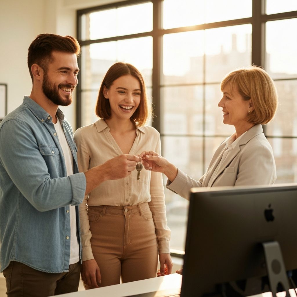 First-time home buyers receiving keys to their new Ontario home